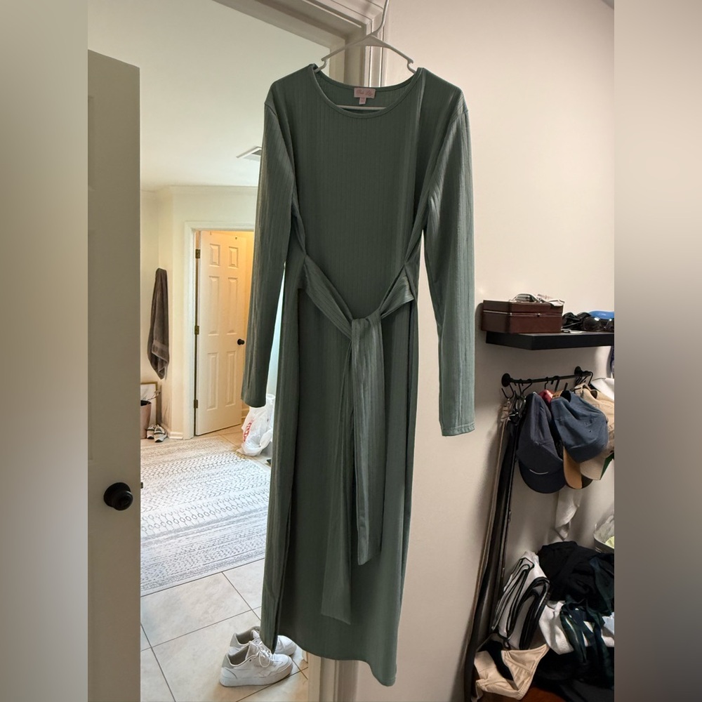 Pink Lily Long Sleeve Sage Ribbed Tie-Waist Dress